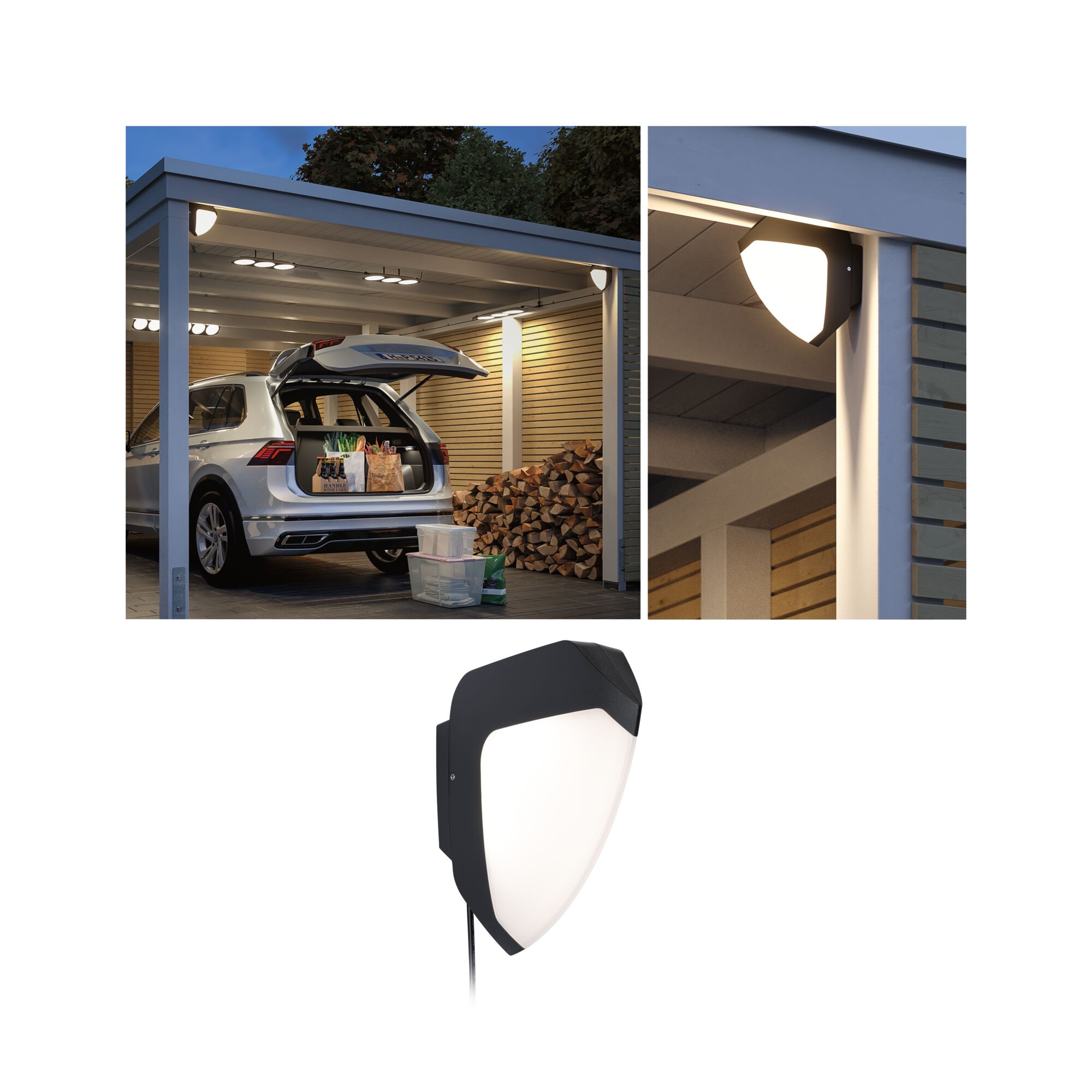 Black outdoor wall light with white diffuser illuminating carport with open car trunk at dusk