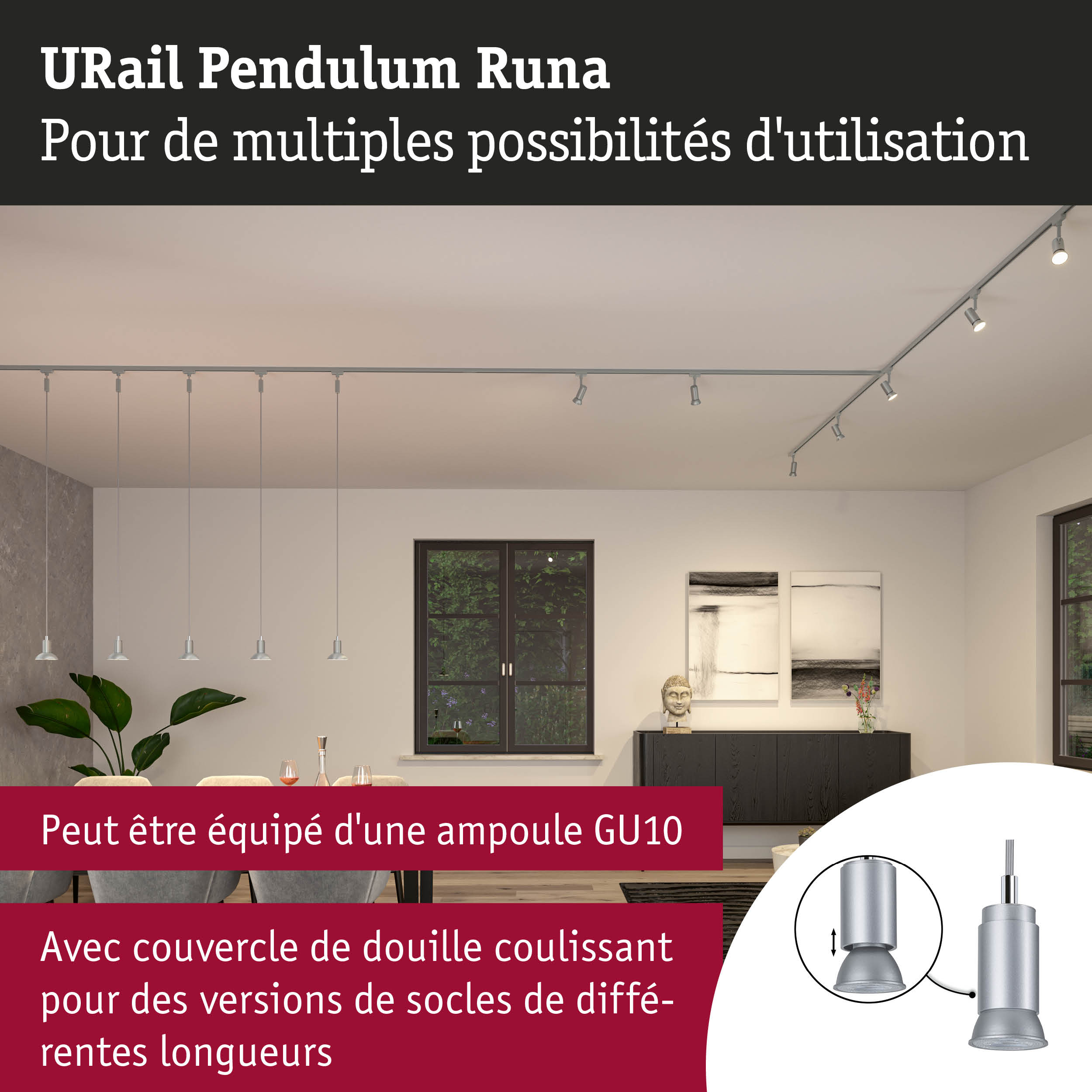 URail Pendulum Runa système de rails avec suspensions argentées et douille GU10 pour éclairage modulable