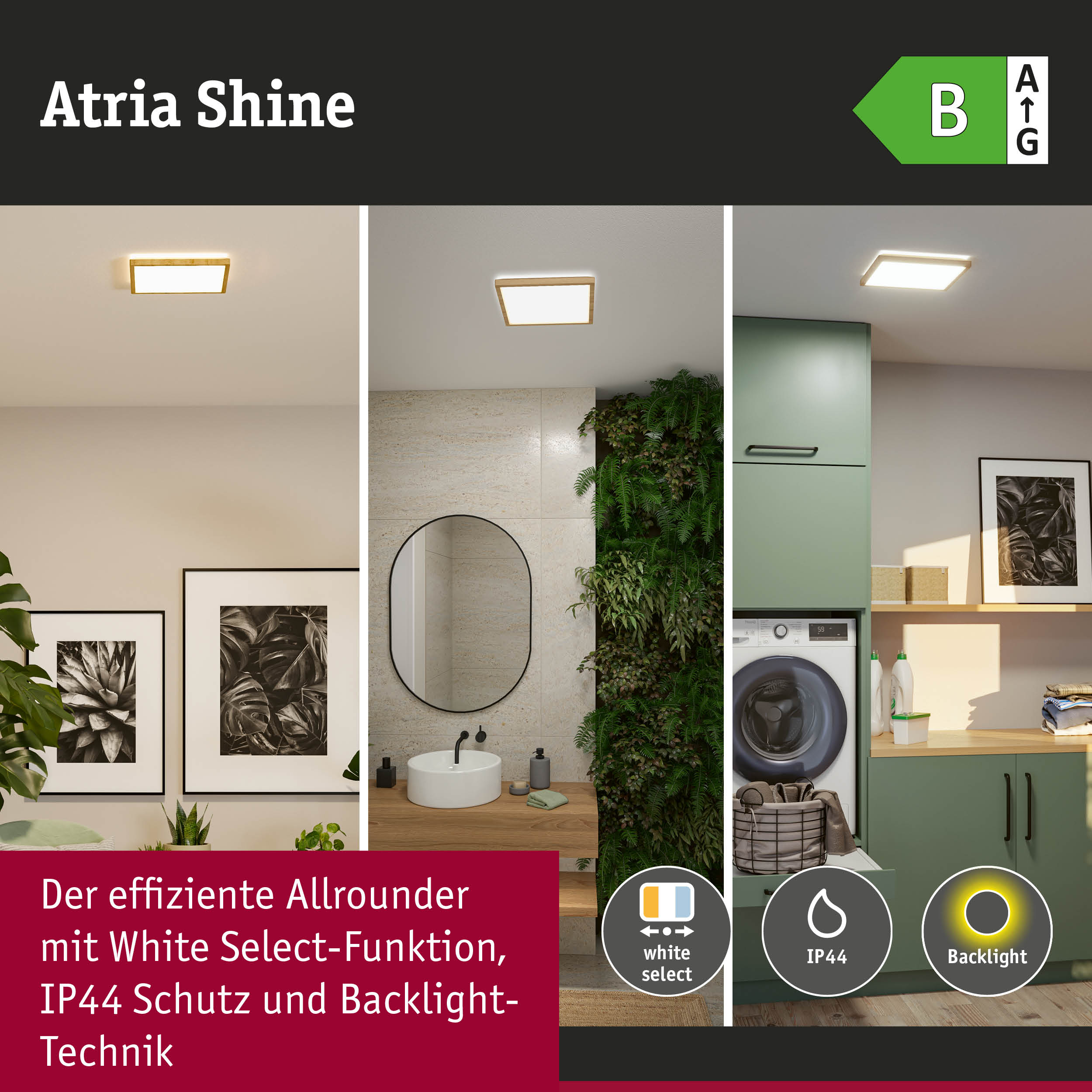 Atria Shine LED-Deckenleuchte mit Holzrahmen in Weiß, energiesparend mit IP44 Schutz und Backlight-Technik