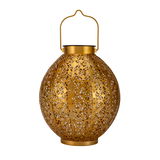 Lanterne ronde en métal doré avec motif floral fin et poignée pour éclairage décoratif et ambiance