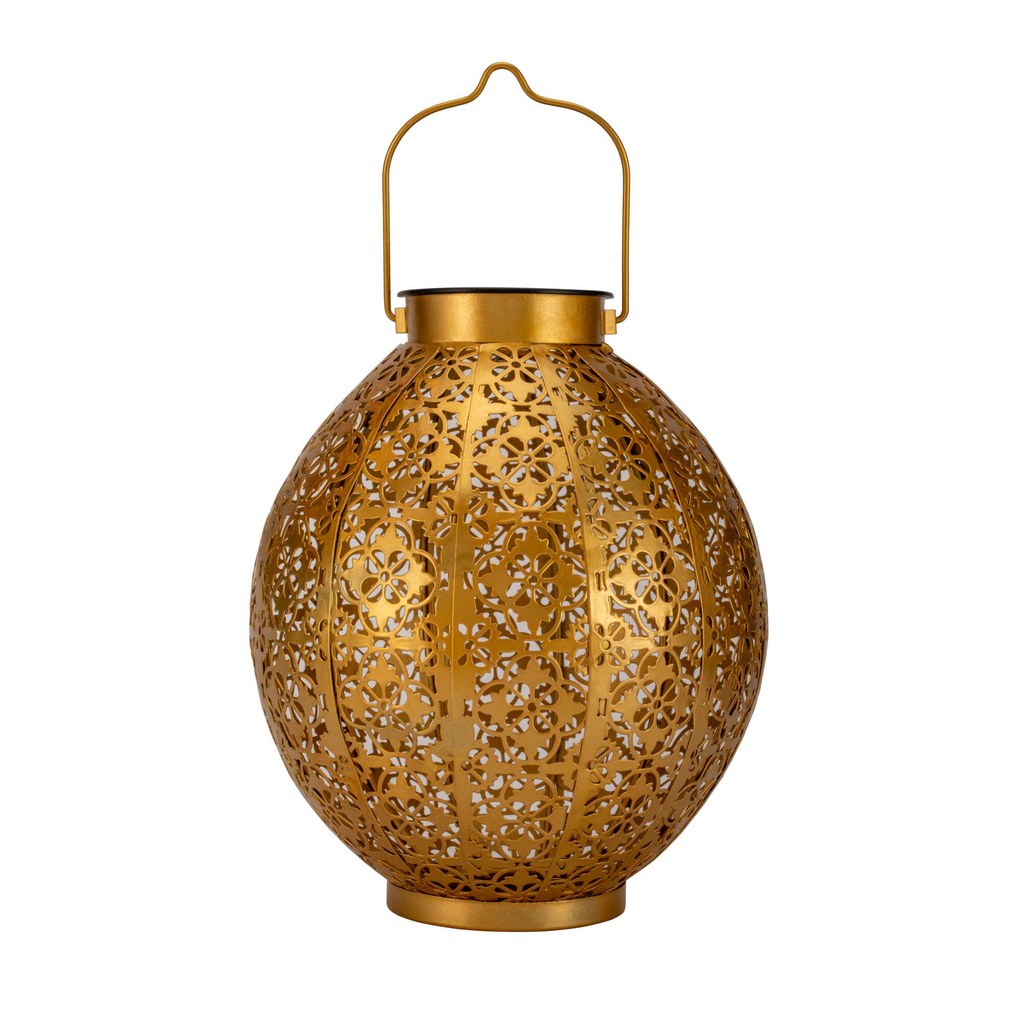 Pauleen Solar Lantern Sunshine Aura 3000K 1lm 0W Gold Gold metal lantern basket with intricate floral pattern and convenient carrying handle