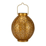 Gold metal lantern basket with intricate floral pattern and convenient carrying handle