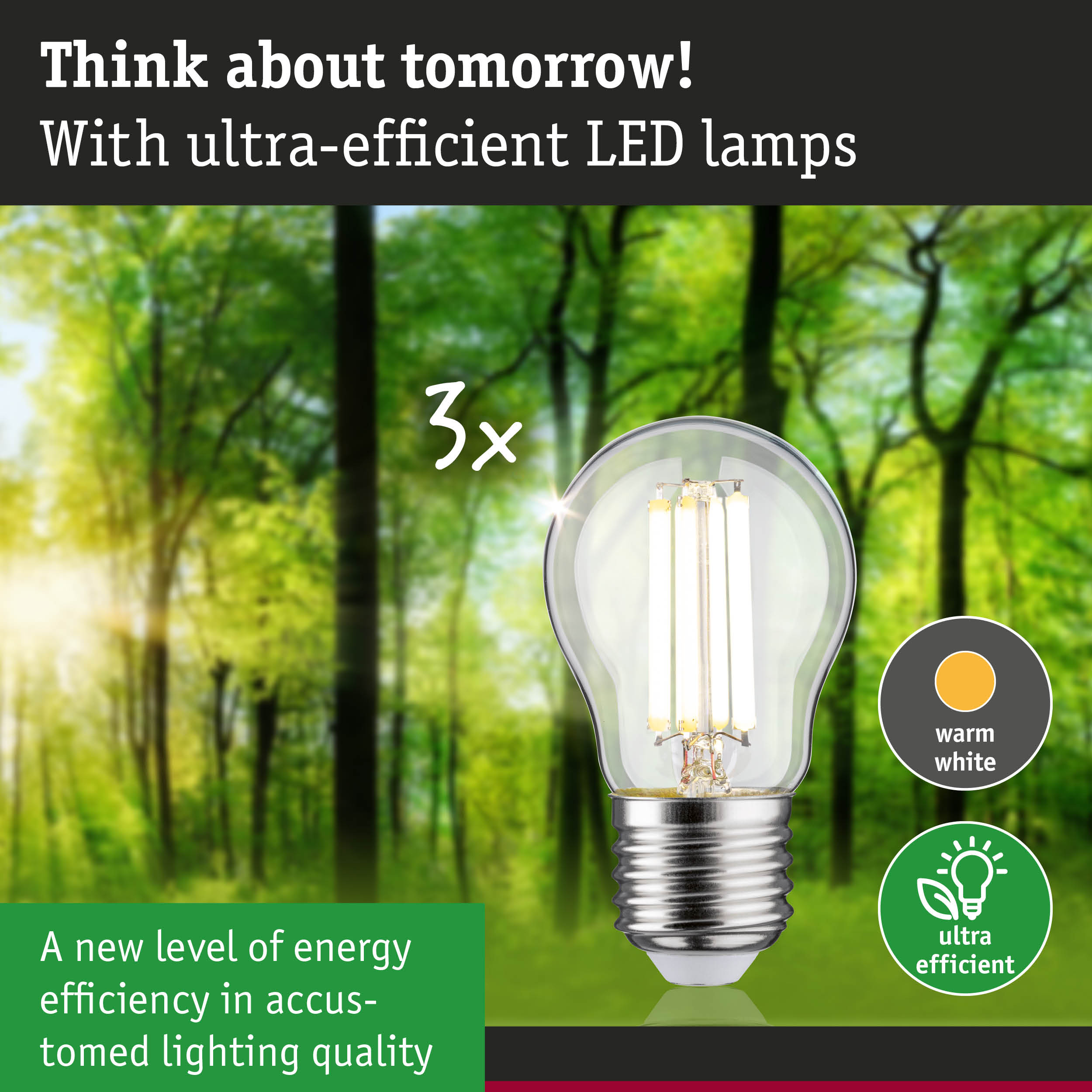 Energy-efficient LED bulb with warm white light shown against a green forest background