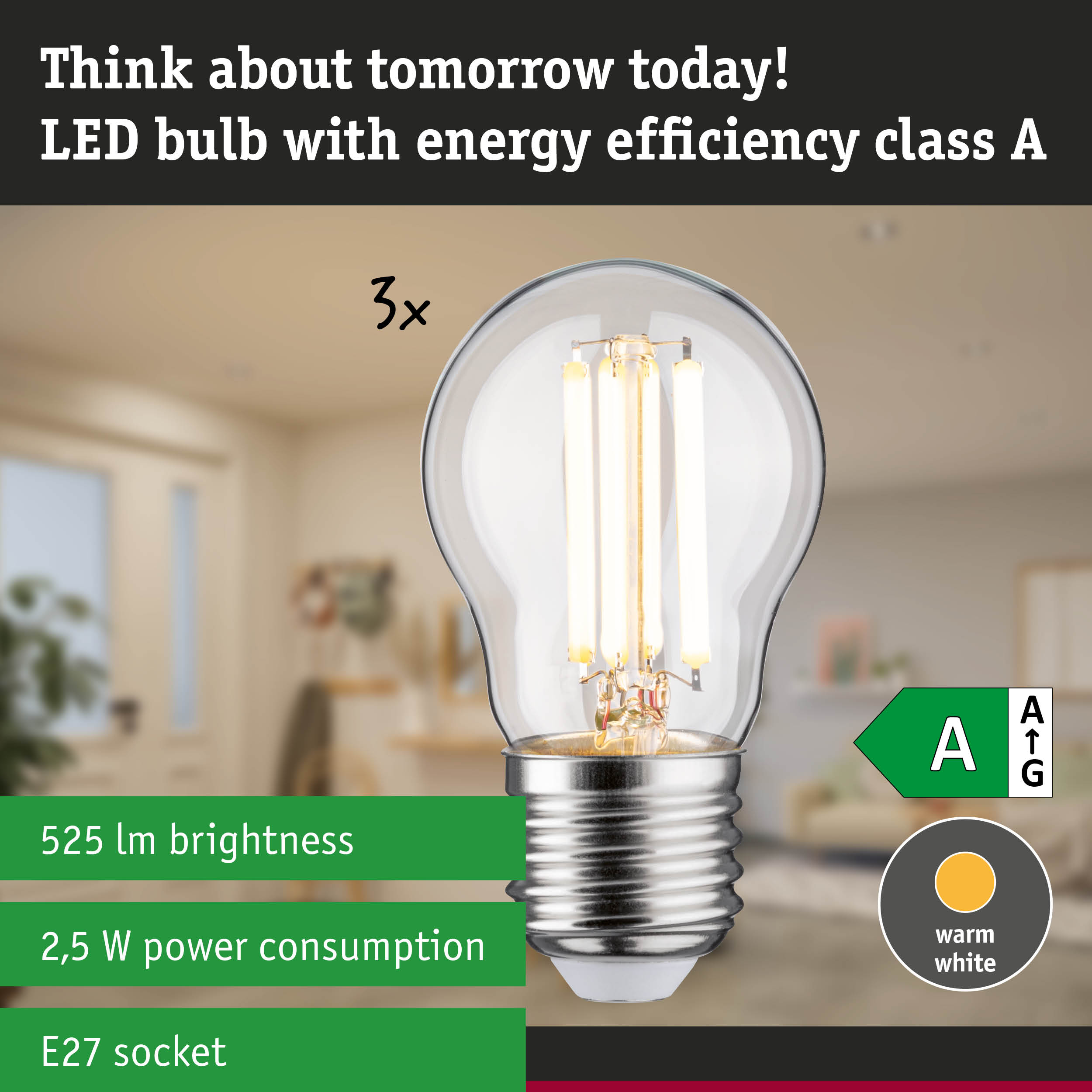 Energy-efficient LED bulb with warm white light shown against a green forest background