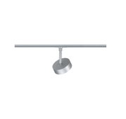 Moderner silberner LED-Strahler aus Metall an Schienensystem für flexible Beleuchtung
