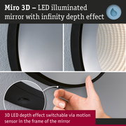 Miro 3D LED illuminated mirror with black frame and infinity depth effect, motion sensor in frame