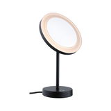 Black LED table mirror with round light and touch switch for precise makeup application.