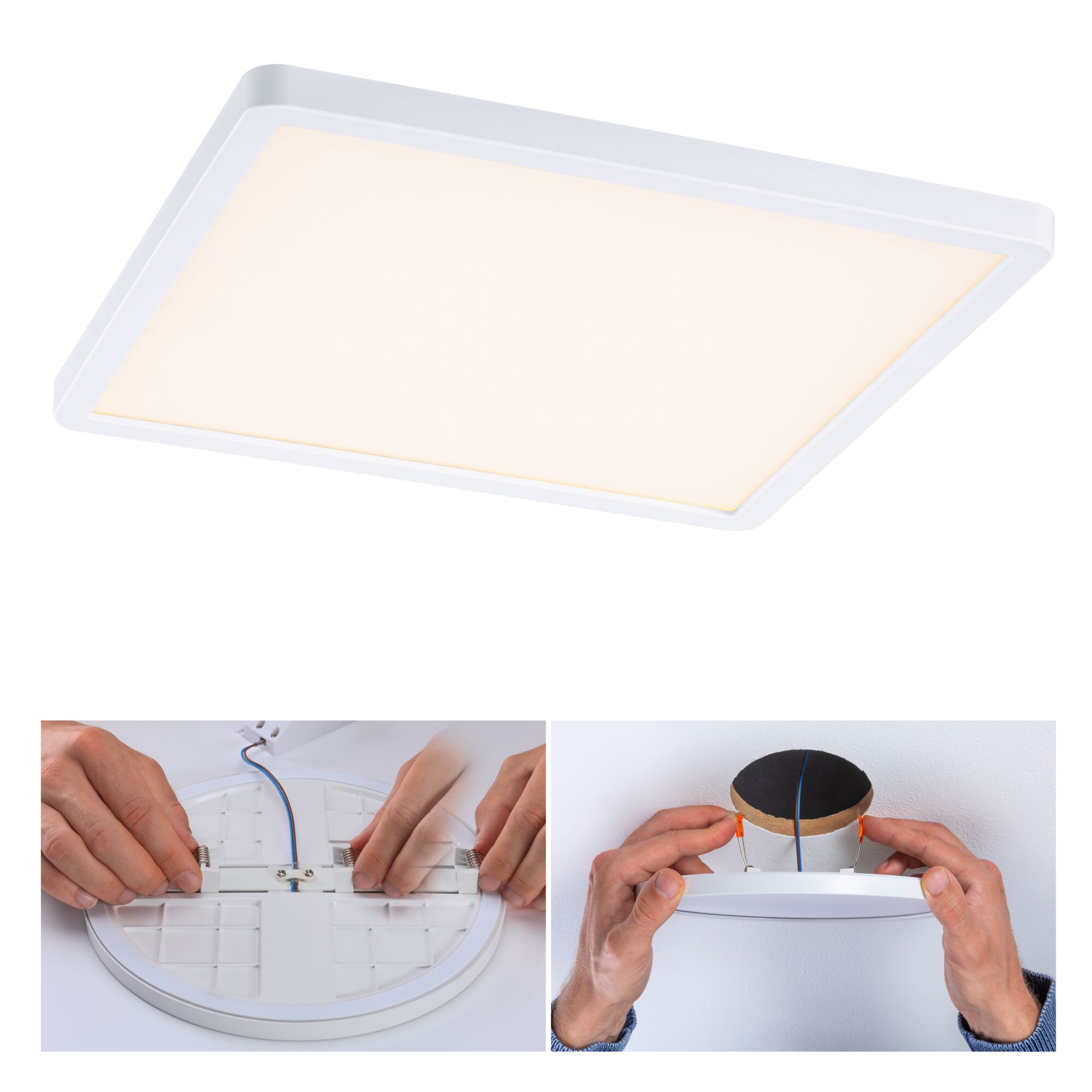 White square LED ceiling panel made of plastic with installation steps and wiring details.