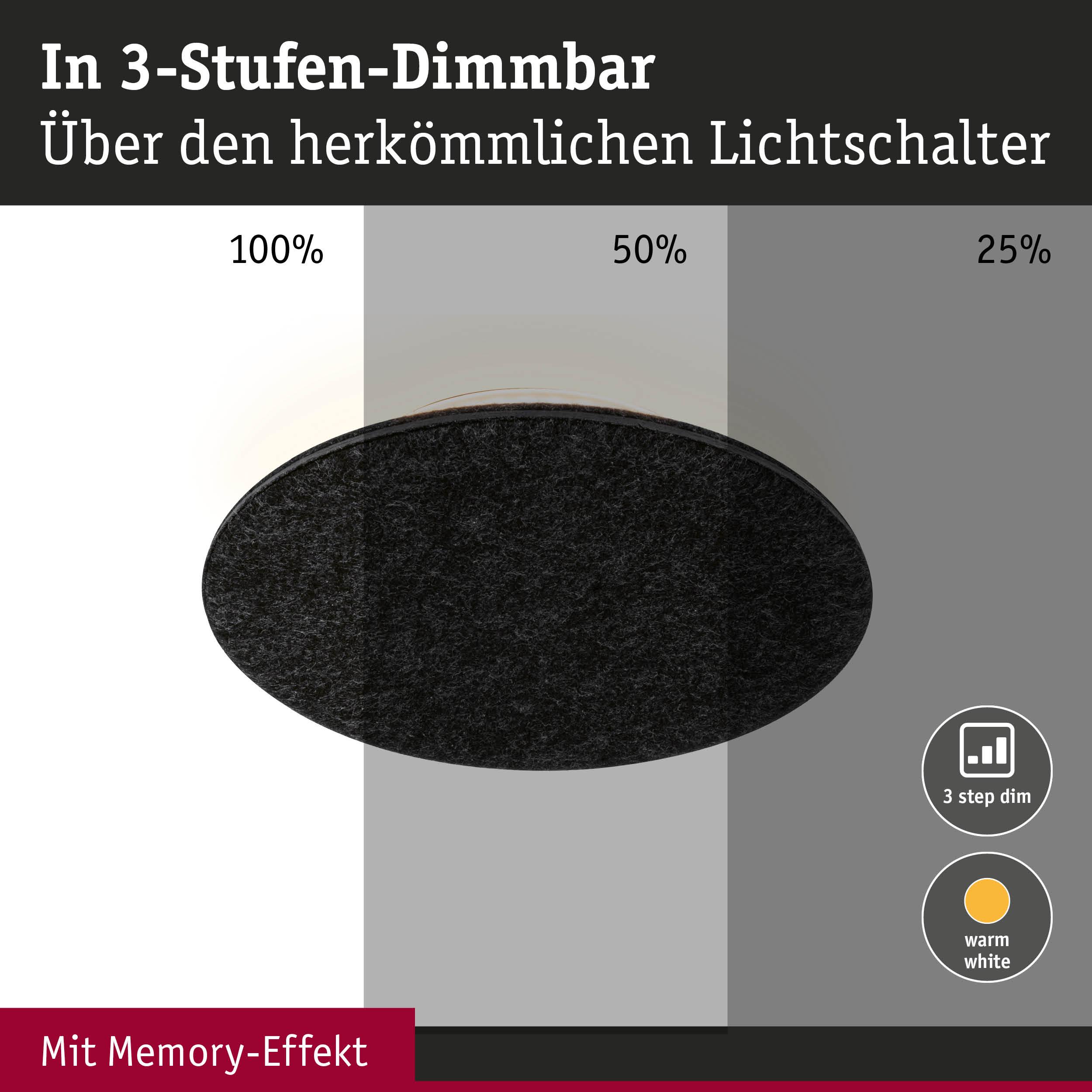 Runde schwarze LED-Deckenleuchte mit 3-Stufen-Dimmung und Memory-Effekt für warmweißes Licht