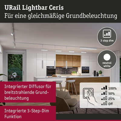 Moderne Küche mit URail Lightbar Ceris in Weiß für gleichmäßige Grundbeleuchtung und 3-Stufen-Dimmung