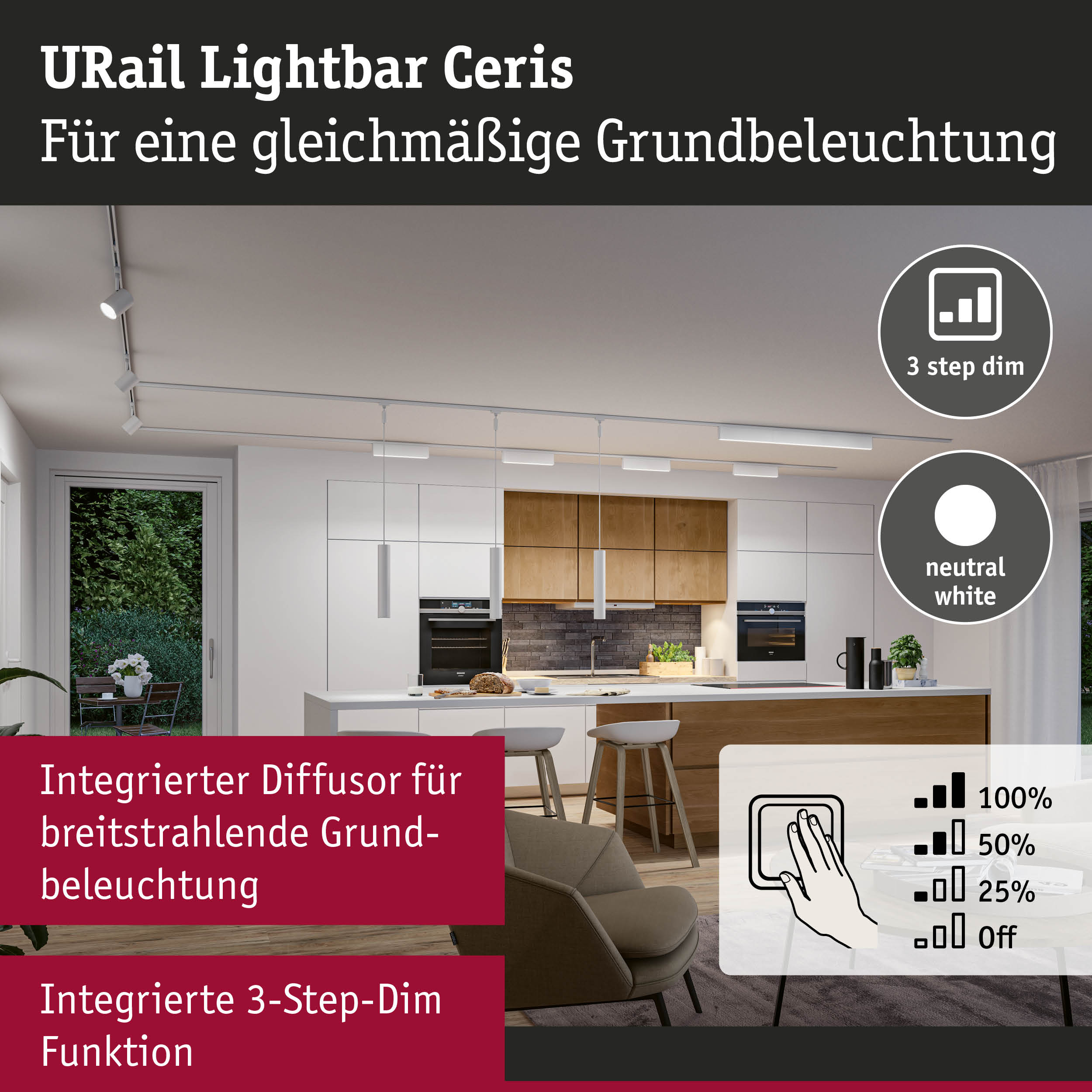 URail Lightbar Ceris weiße Deckenleuchte mit 3-Stufen-Dim-Funktion für gleichmäßige Grundbeleuchtung