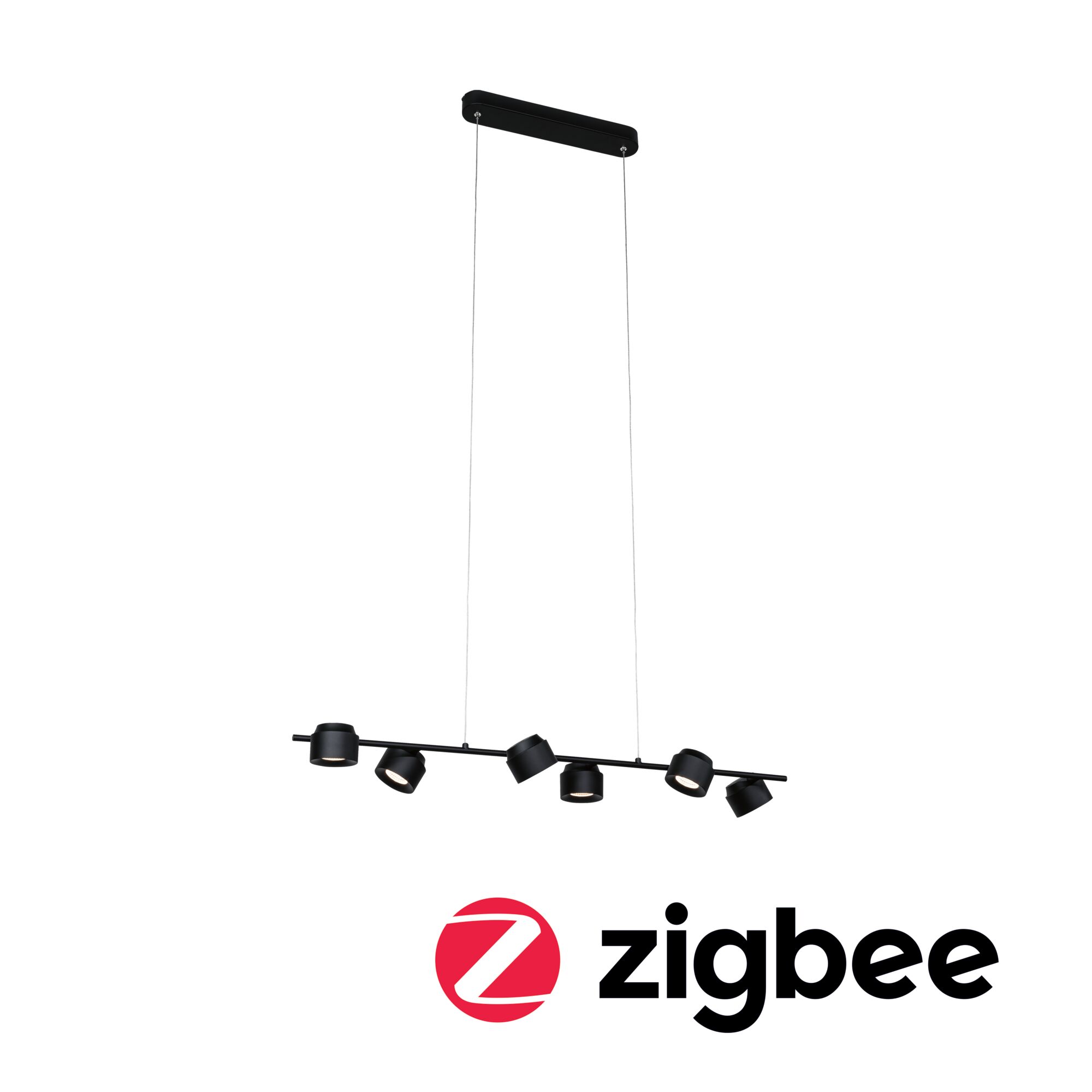 Black LED pendant light with six adjustable spots and Zigbee smart lighting control.