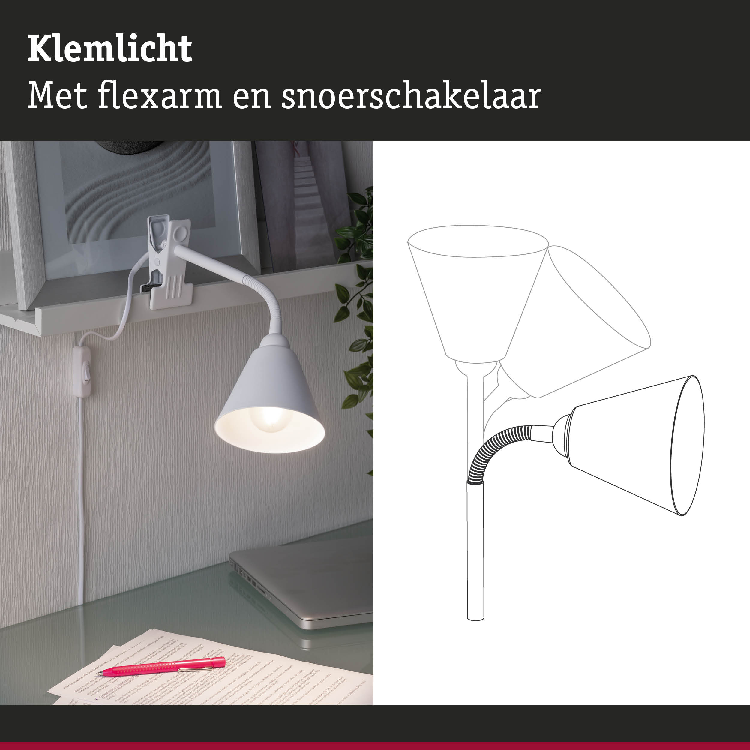 Witte klemlicht met flexibele arm en snoerschakelaar voor bureauverlichting