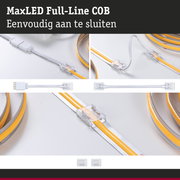 MaxLED Full-Line COB LED-strip met transparante connectoren en gele lichtstrip op witte achtergrond