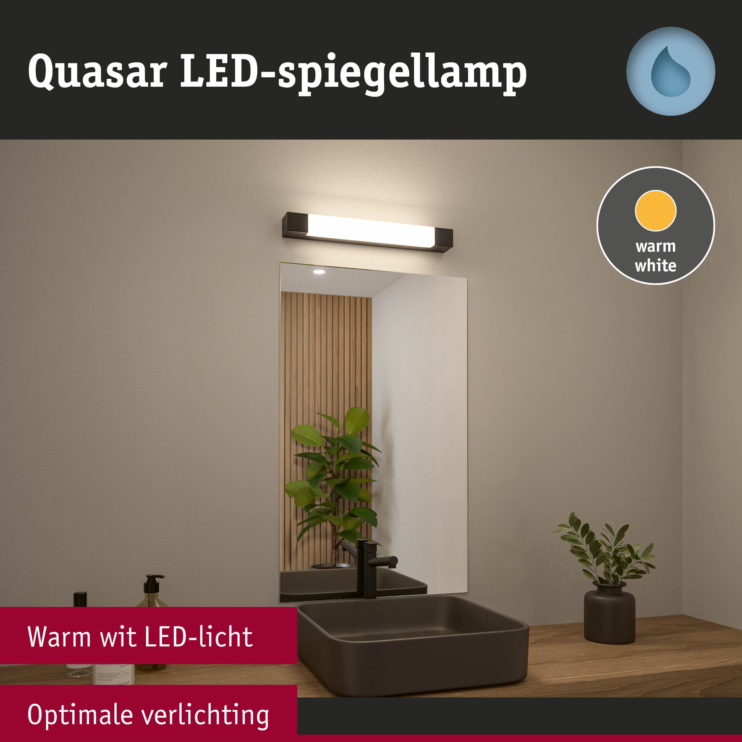 Quasar zwarte LED-spiegellamp met warm wit licht boven badkamerspiegel voor optimale verlichting