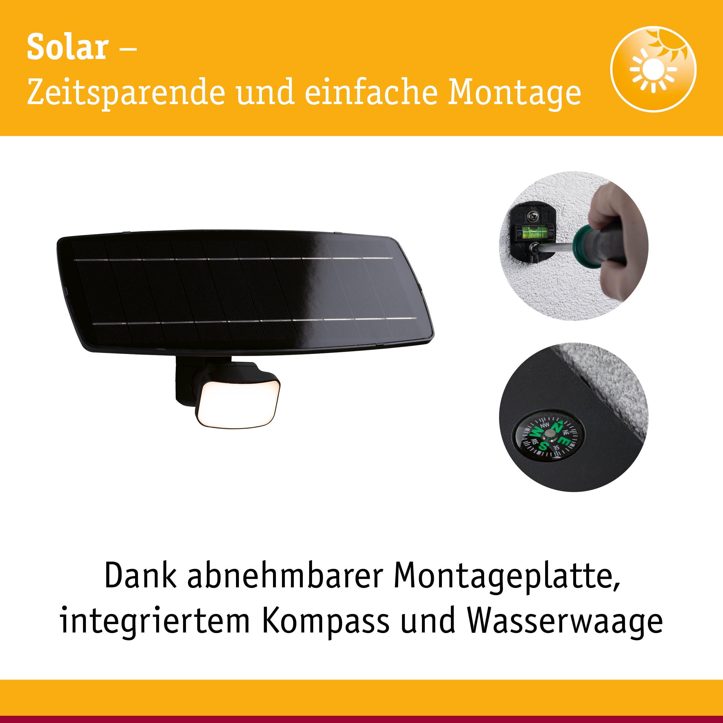 Schwarzes Solarlicht mit abnehmbarer Montageplatte, integriertem Kompass und Wasserwaage für einfache Installation