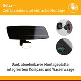 Schwarzes Solarlicht mit abnehmbarer Montageplatte, integriertem Kompass und Wasserwaage für einfache Installation