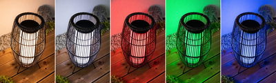 Modern outdoor lantern light with black metal frame and changing LED colors for garden lighting