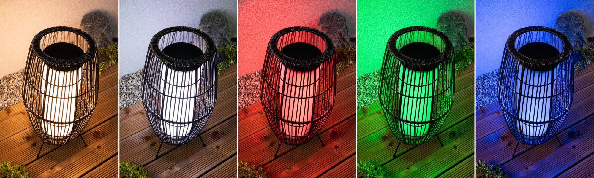 Moderne buitenlantaarn met zwart metalen frame en wisselende LED-kleuren voor tuinverlichting