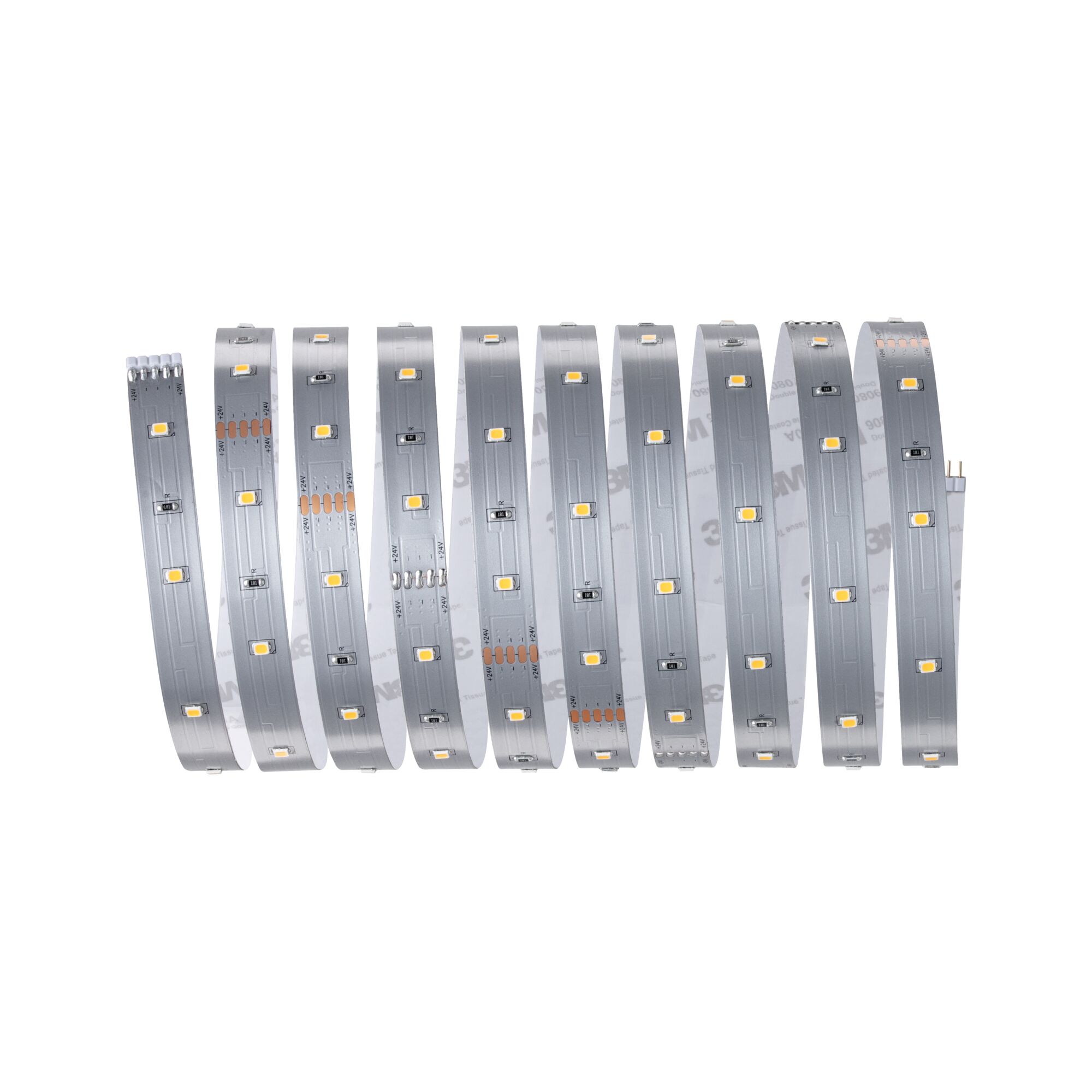 Flexibele zilveren LED-strip met warmwitte LEDs voor veelzijdige moderne verlichting.