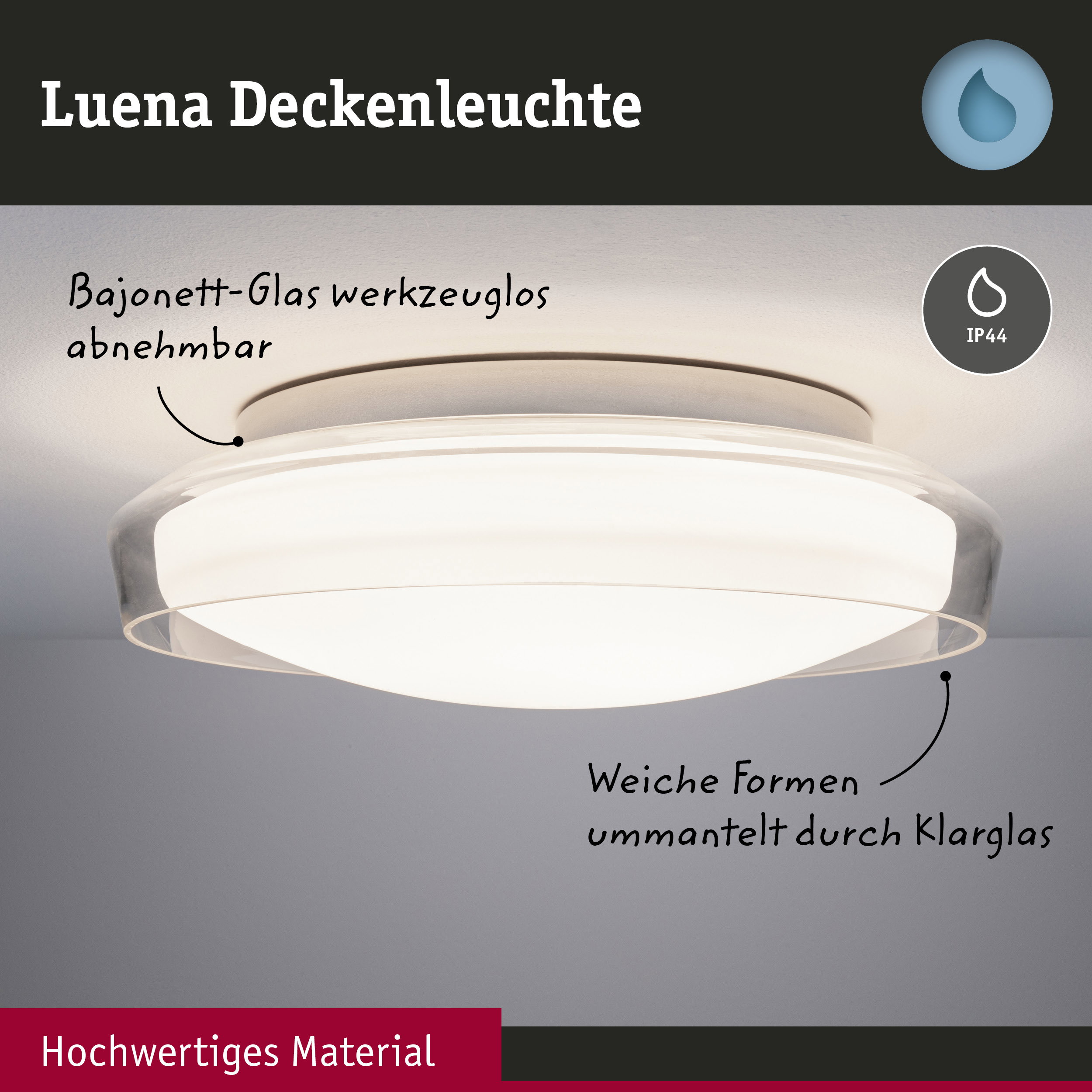 Luena Deckenleuchte mit abnehmbarem Bajonett-Glas in Weiß und IP44 Schutz für Badezimmer