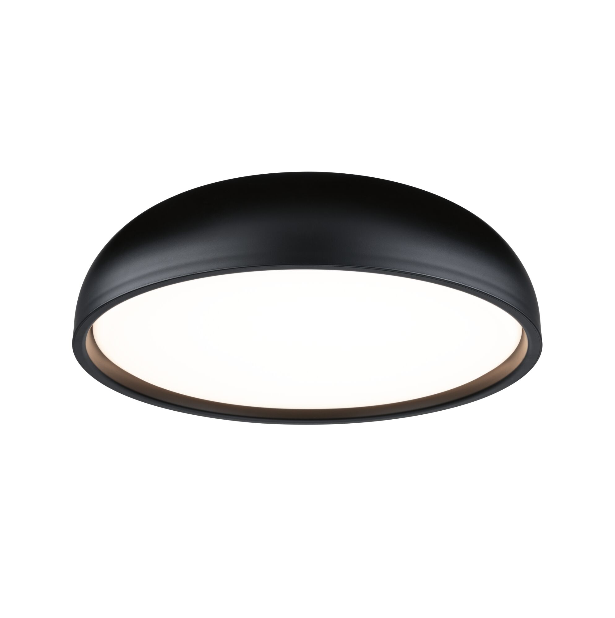 Runde Deckenleuchte aus schwarzem Metall mit weißem Diffusor für modernes Raumlicht.