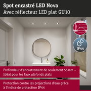 Spot encastré LED Nova avec réflecteur plat GU10, profondeur d'encastrement 55 mm, protection IP44