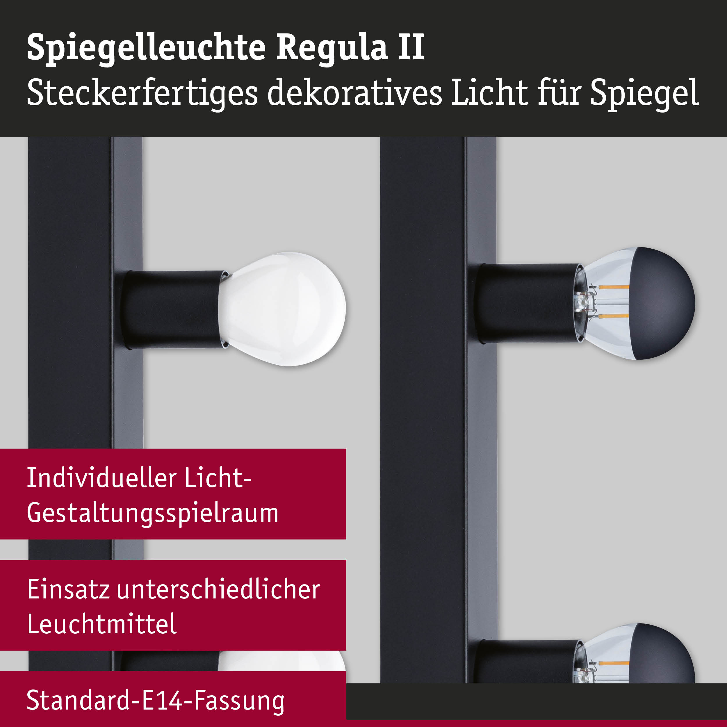 Schwarze Spiegelwandleuchte Regula II mit E14-Fassung und zwei verschiedenen Glühbirnen für dekorative Beleuchtung