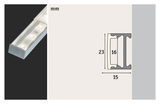 Zilverkleurig aluminium LED-profiel met matte afdekking, technische tekening met afmetingen 23x15 mm