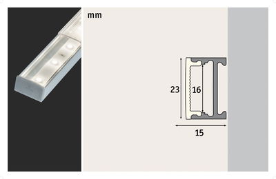 Zilverkleurig aluminium LED-profiel met matte afdekking, technische tekening met afmetingen 23x15 mm