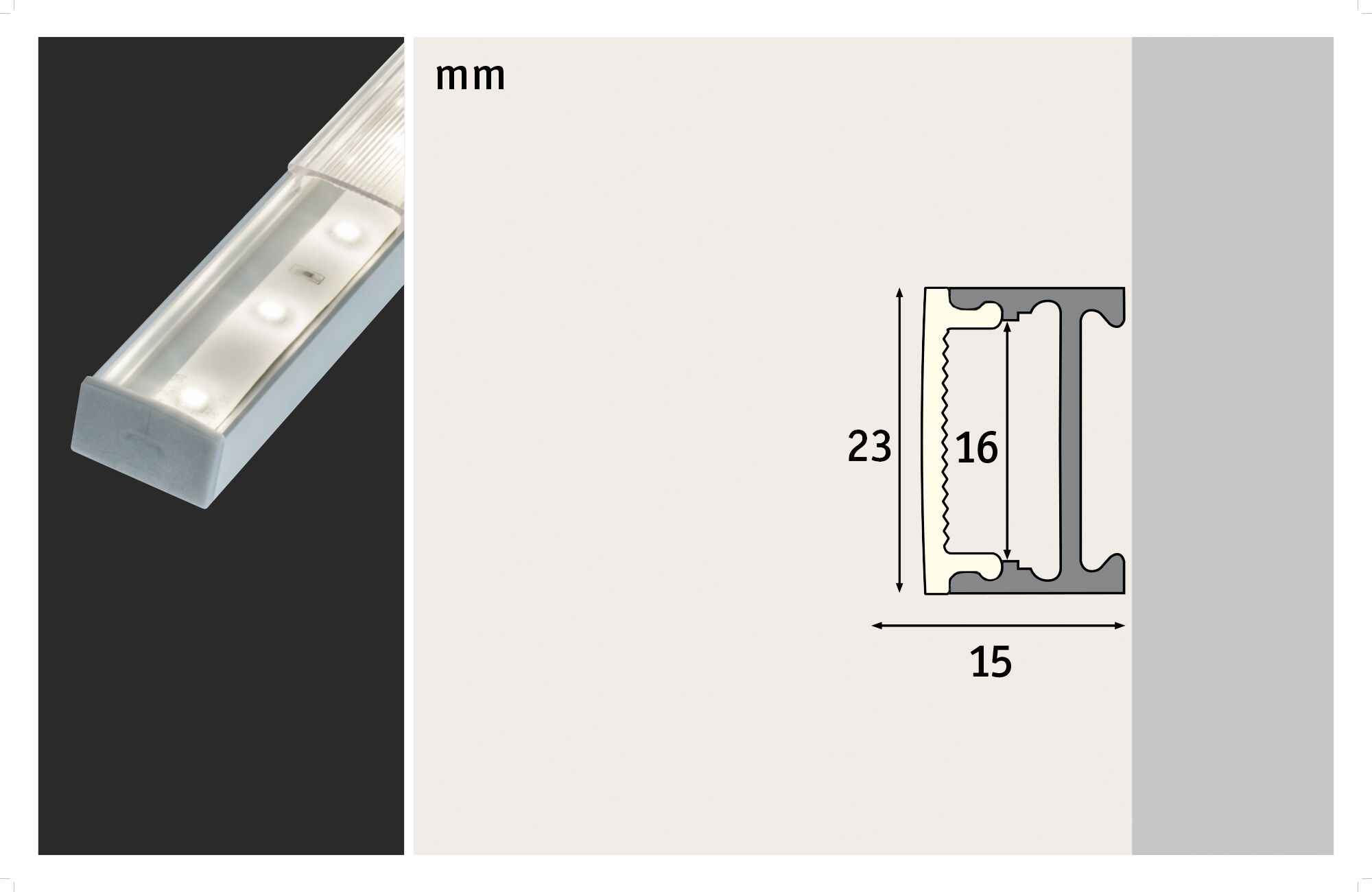 LED-Aluminiumprofil in Silber mit milchiger Abdeckung, technische Zeichnung mit Maßen 23x15 mm