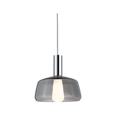 Modern pendant light with grey glass and chrome metal for stylish indoor lighting