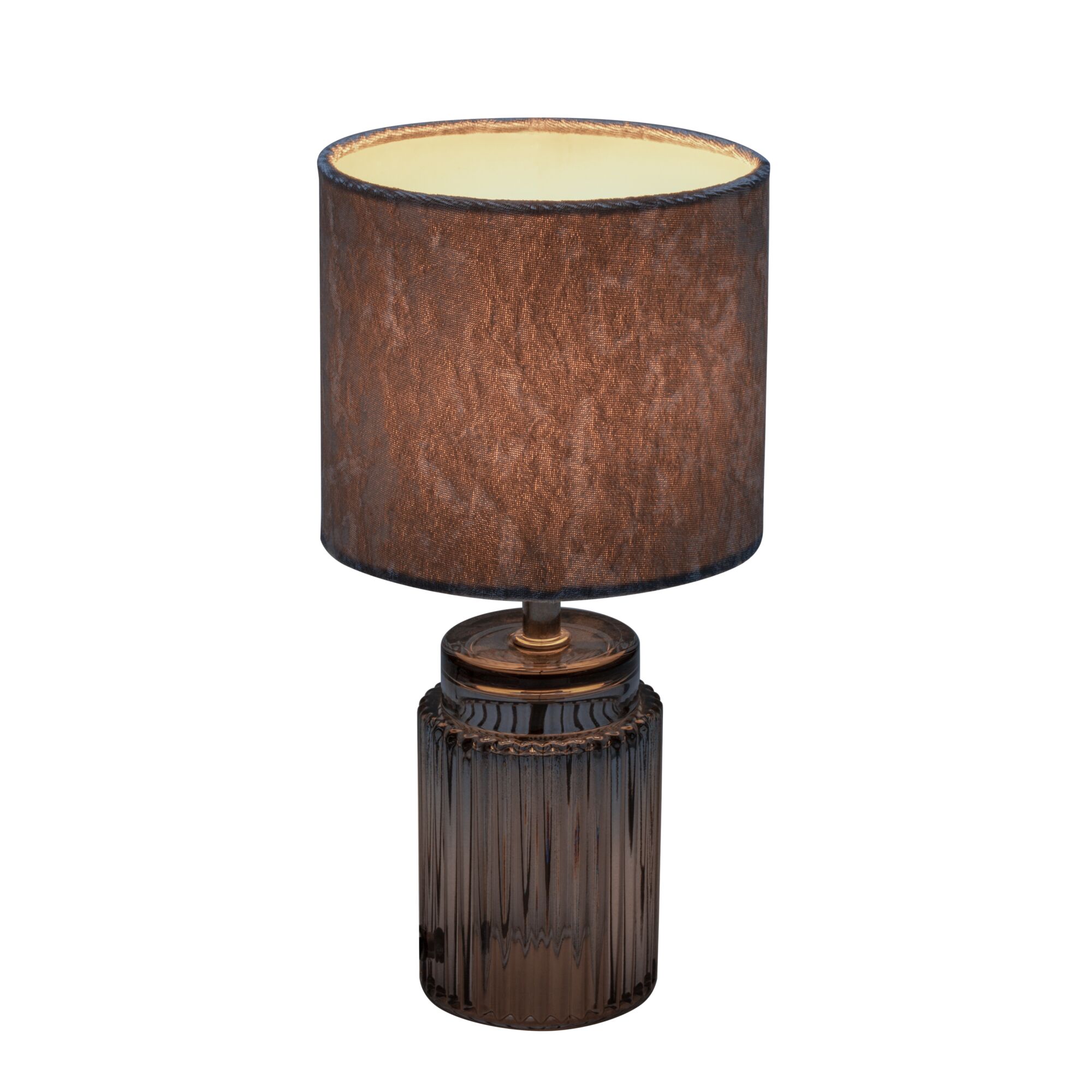 Tischlampe mit braunem Stoffschirm und geriffeltem Glasfuß in Rauchglas für Wohnraumbeleuchtung
