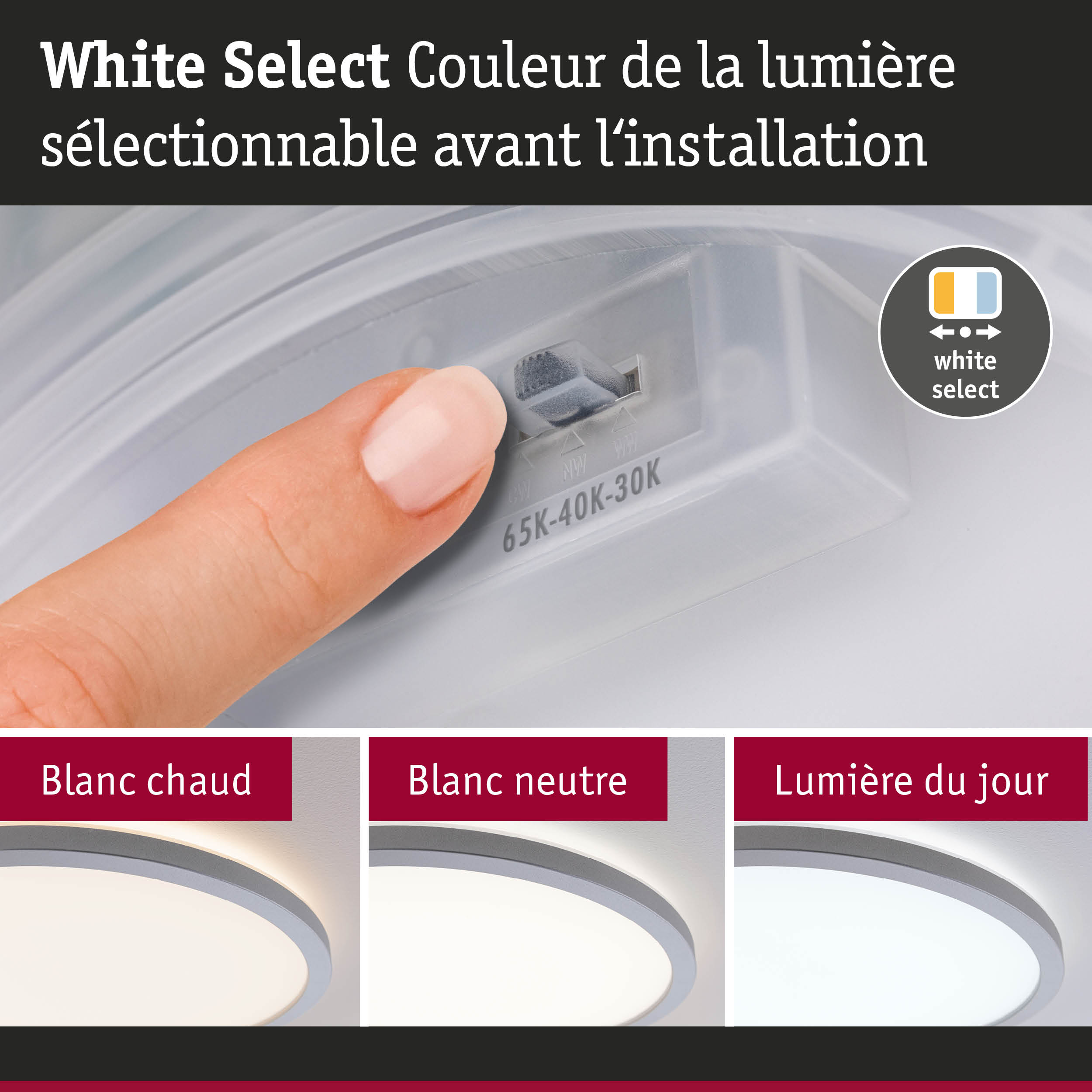 Doigt réglant la couleur de la lumière sur un interrupteur blanc, plafonnier LED avec sélection de couleur