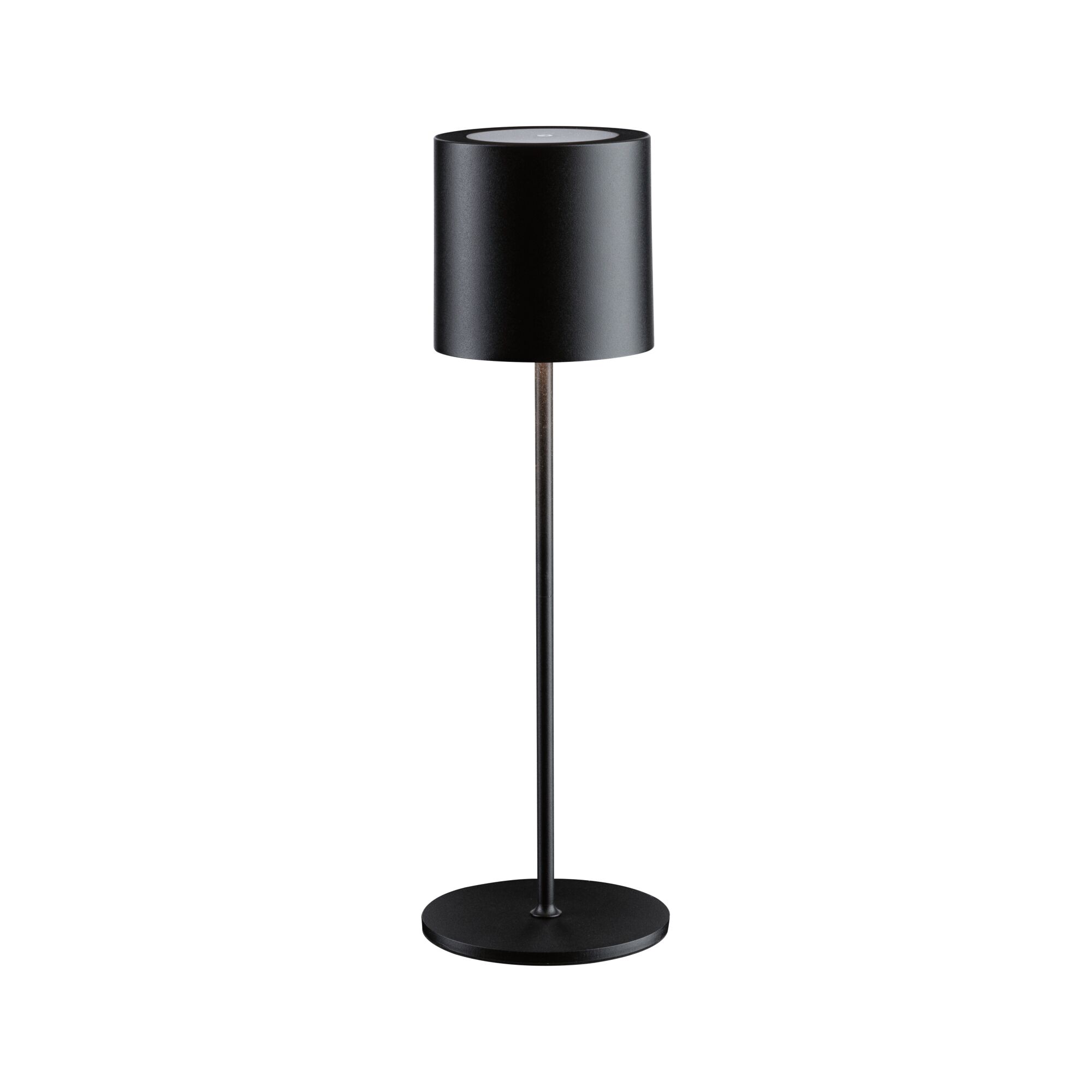 Black metal table lamp with round shade and sturdy base for modern interior lighting