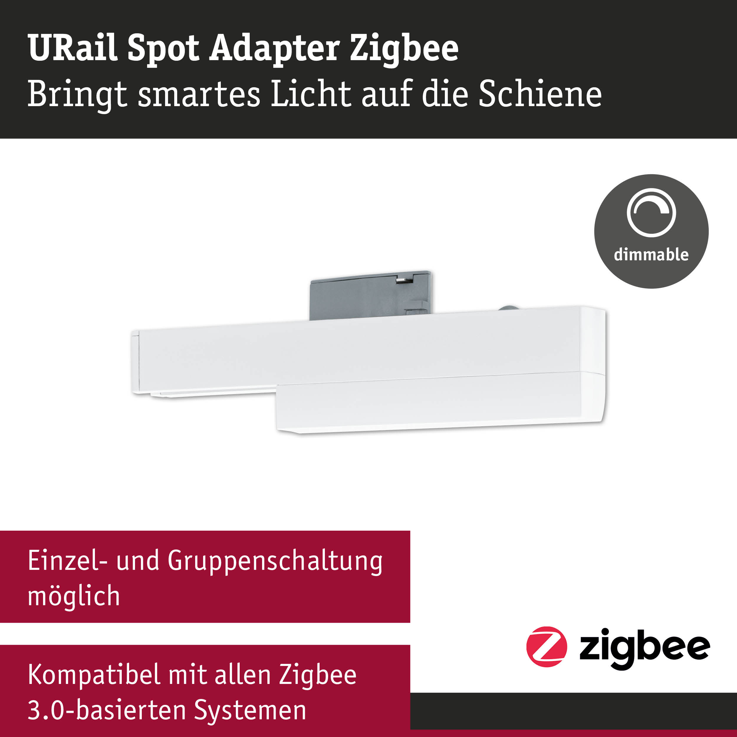 Weißer URail Spot Adapter Zigbee aus Kunststoff mit Dimmfunktion für smarte Lichtsteuerung