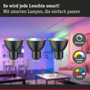 Drei schwarze GU10 LED-Lampen mit RGBW-Farbwechsel und dimmbarer, tunbarer Weißlichtfunktion
