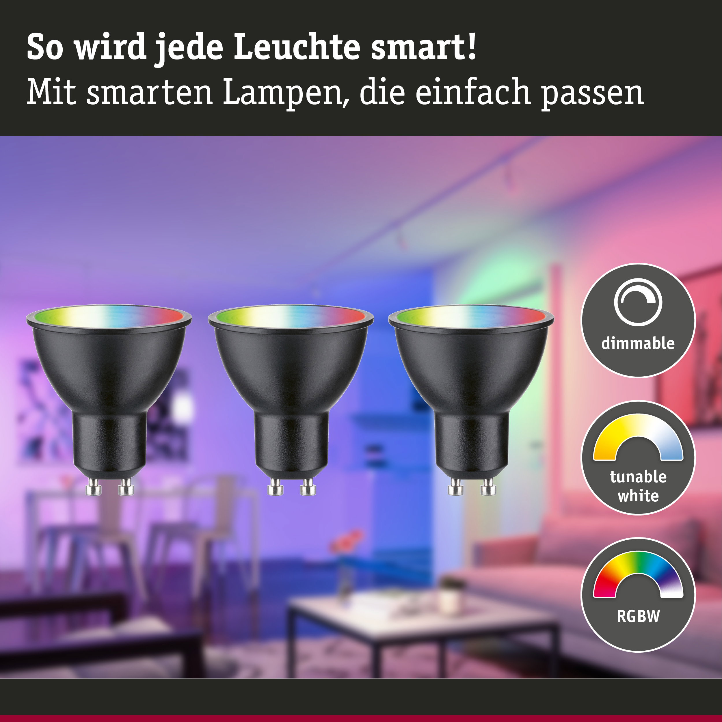 Drei schwarze GU10 LED-Lampen mit RGBW-Farbwechsel und dimmbarer, tunbarer Weißlichtfunktion