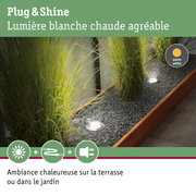 Spot LED encastré au sol avec lumière blanc chaud dans un lit de gravier près des herbes décoratives