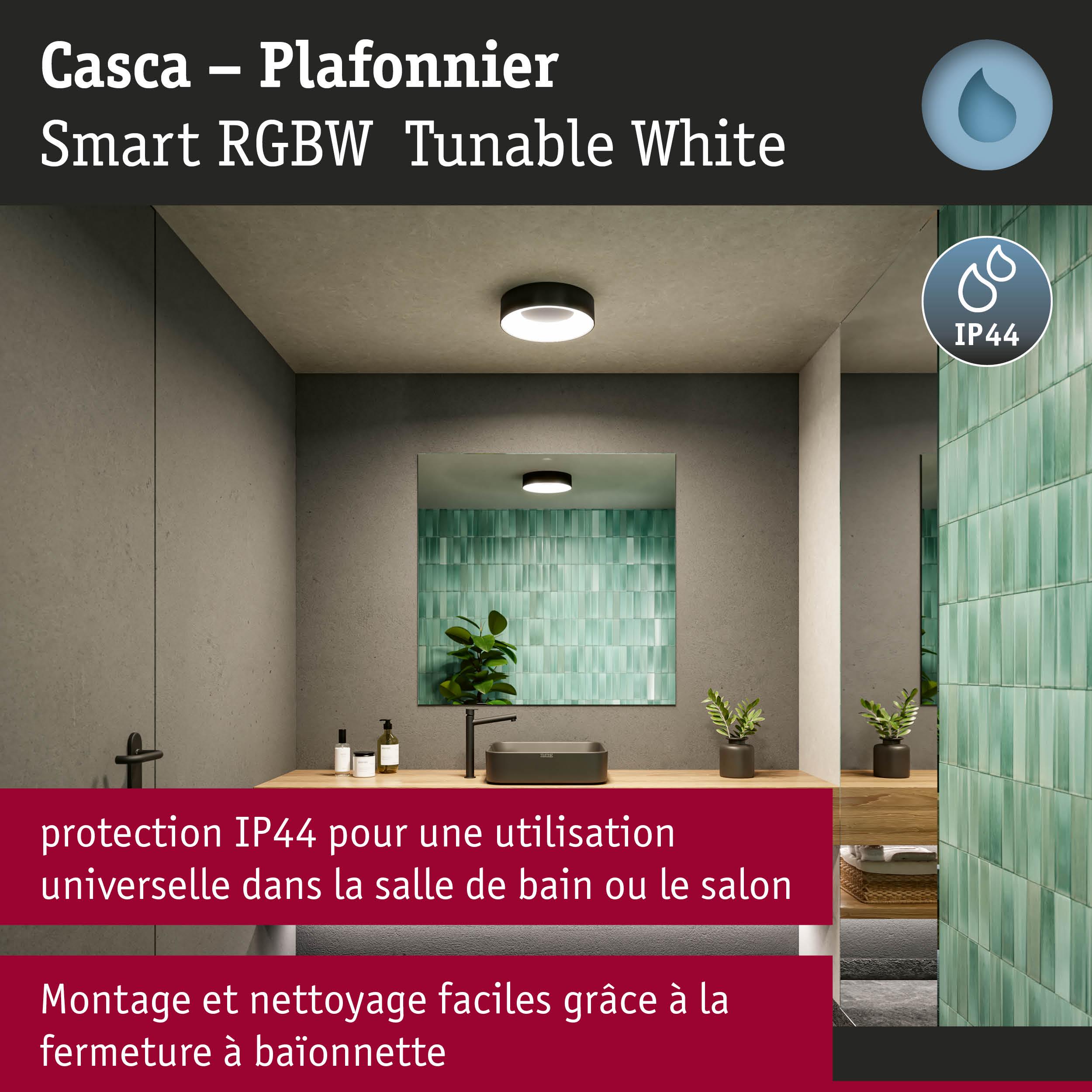 Plafonnier Casca Smart RGBW noir avec protection IP44 pour salle de bain et salon