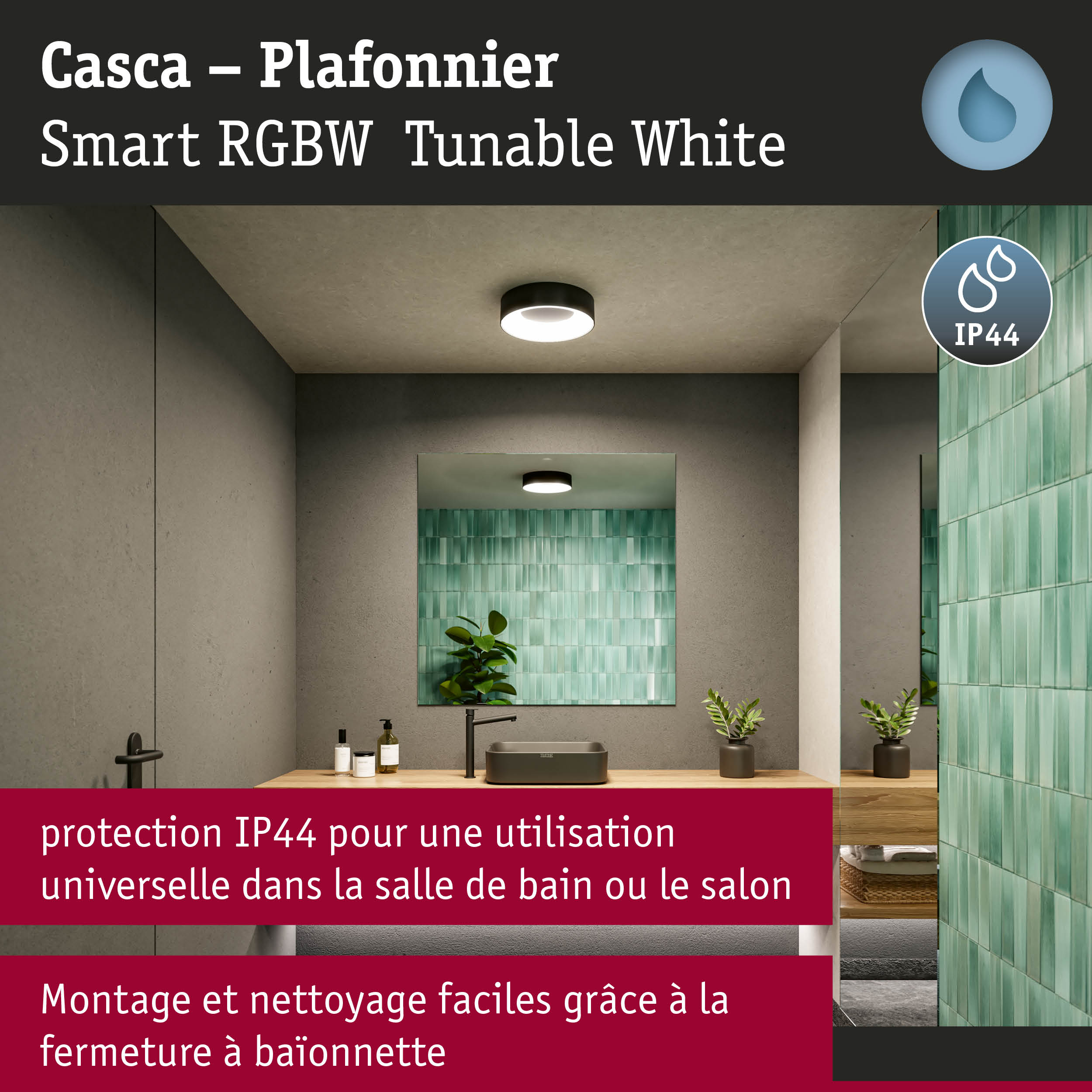 Plafonnier Casca noir IP44, dimmable RGBW intelligent, idéal pour salle de bain et salon