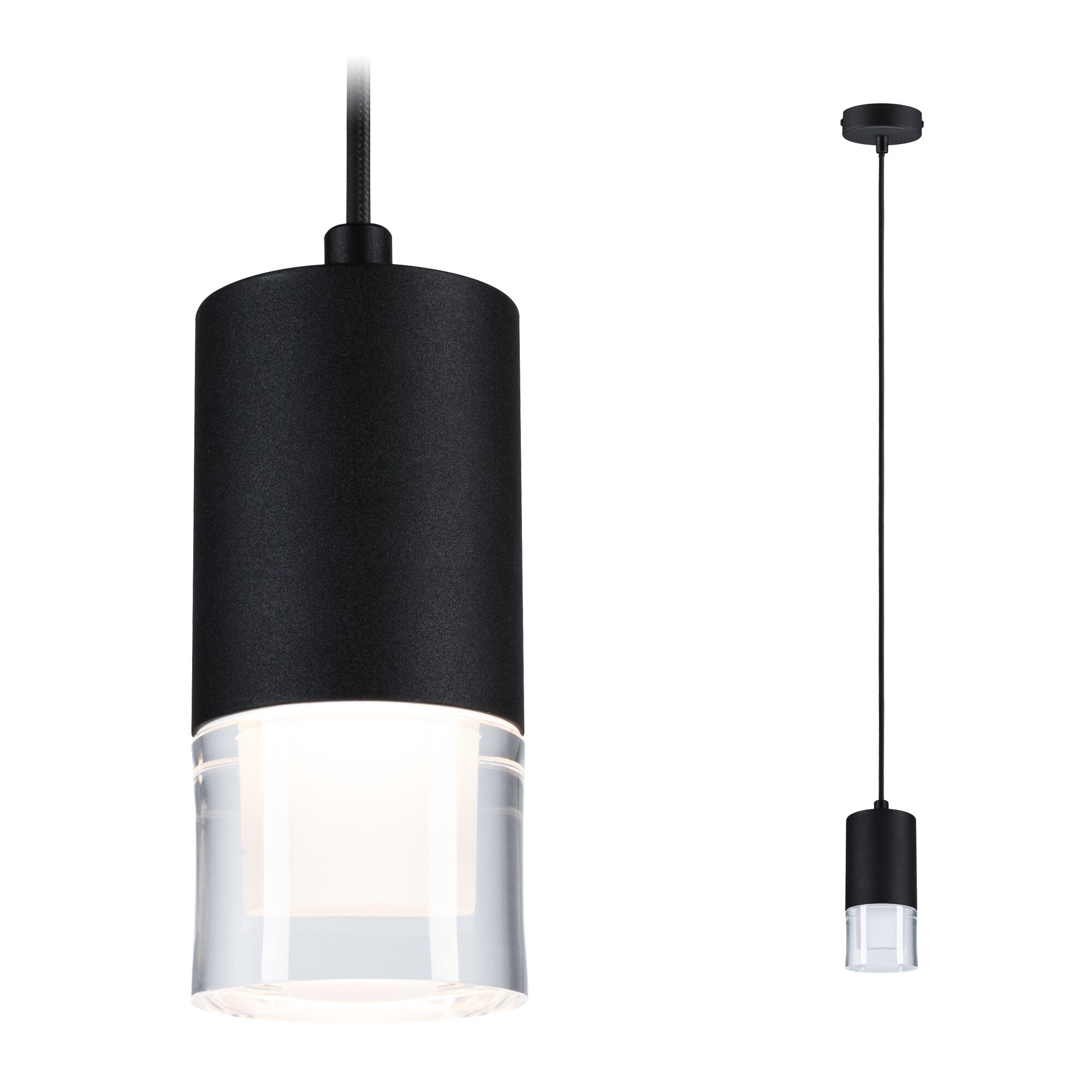 LED Pendelleuchte Kame 9W Klar/Schwarz matt Schwarze Pendelleuchte mit klarem Glas und Stoffkabel, moderne LED-Hängeleuchte für Wohnräume