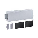 Grey plastic housing with two grey covers and two black plates for LED lighting system components.