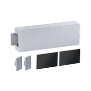 Grey plastic housing with black covers and connectors for electrical installation parts