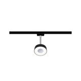 Black LED track light with round white glowing metal spotlight for modern indoor lighting