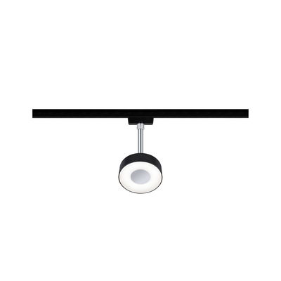 Black LED track light with round white glowing metal spotlight for modern indoor lighting