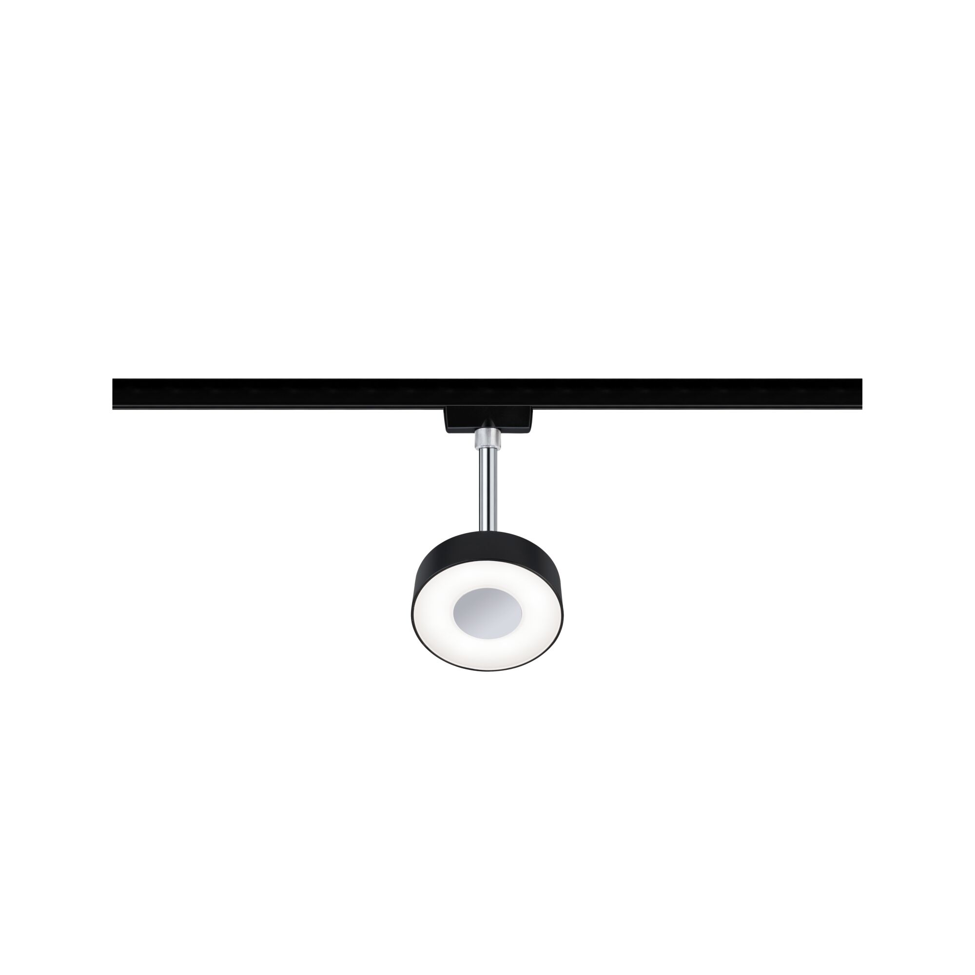 Black LED track light with round white glowing metal spotlight for modern indoor lighting