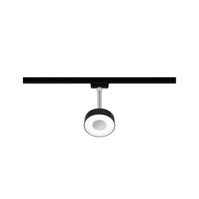 Black LED track light with round white glowing metal spotlight for modern indoor lighting