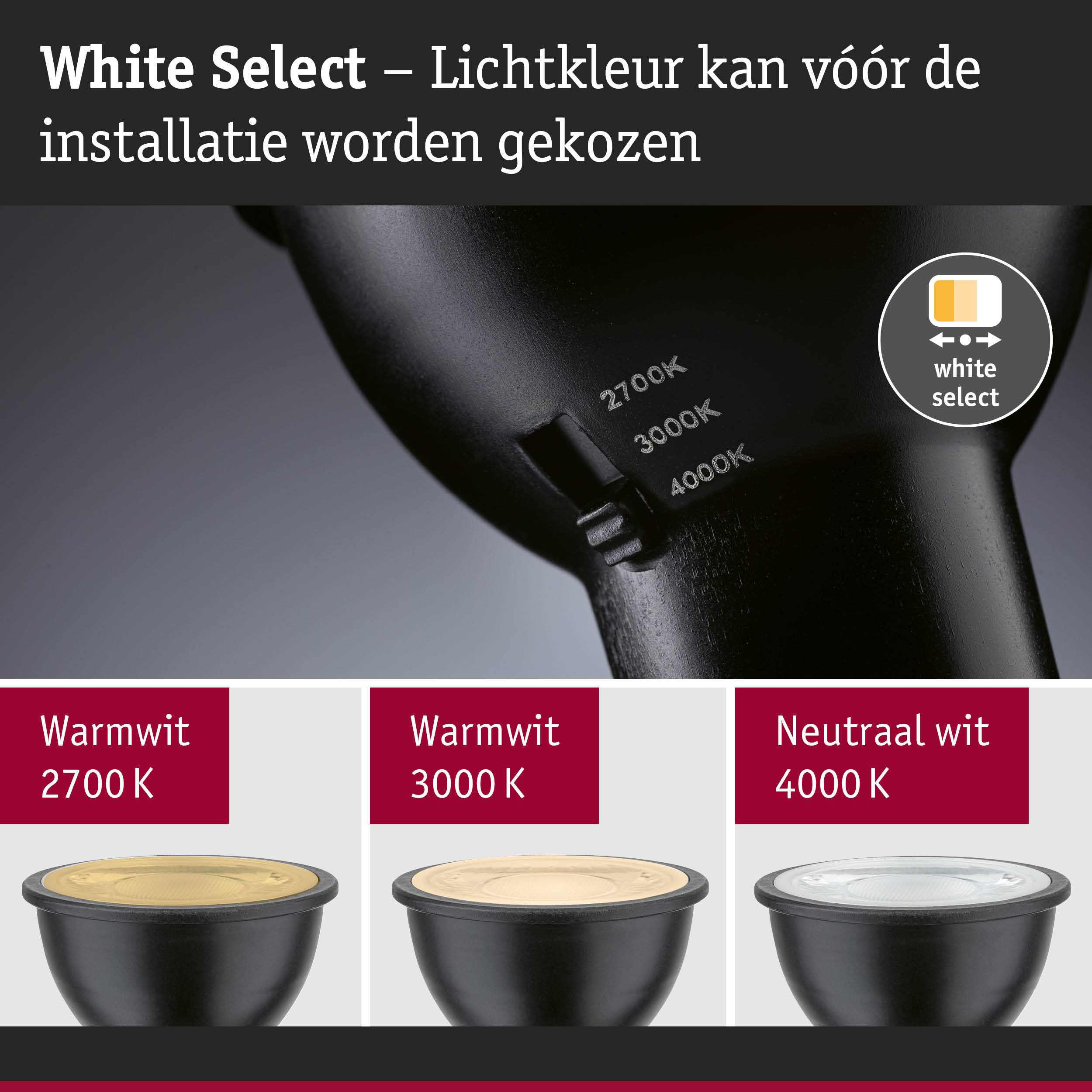 Zwarte LED-lamp met instelbare lichtkleur van 2700K tot 4000K voor flexibele verlichting