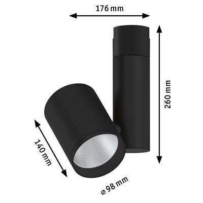 Schwarzer LED-Deckenstrahler aus Metall mit 98 mm Durchmesser und 260 mm Höhe, moderne Innenbeleuchtung